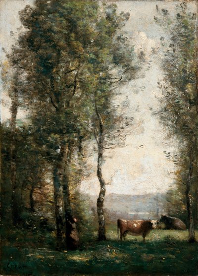 Waldlandschaft mit Kühen auf einer Lichtung von Jean Baptiste Camille Corot